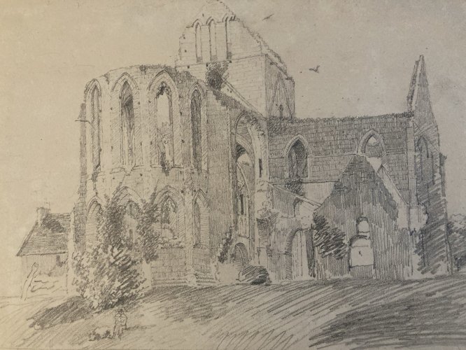 Drawing Dessin XIXe 1850  Crayon Cathédrale Art Crayon Ruine Ancien Eglise