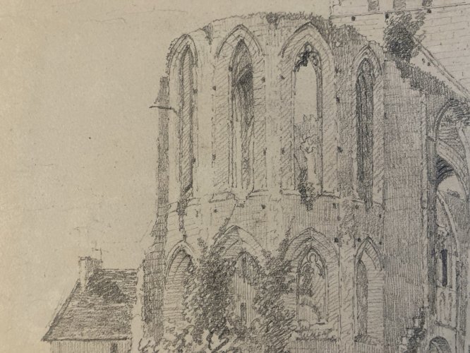 Drawing Dessin XIXe 1850  Crayon Cathédrale Art Crayon Ruine Ancien Eglise