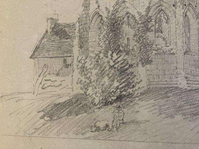 Drawing Dessin XIXe 1850  Crayon Cathédrale Art Crayon Ruine Ancien Eglise