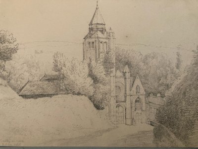 Drawing Dessin XIXe 1850 crayon Paysage Eglise De Saint Valery Art Ancien Old
