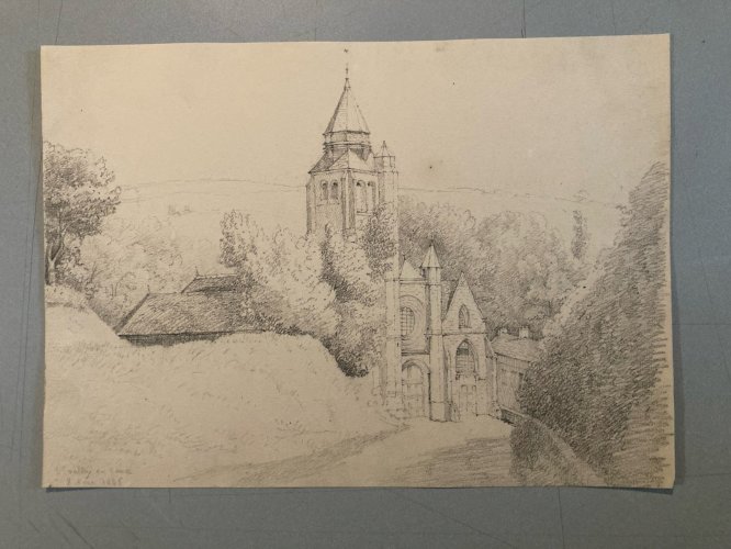 Drawing Dessin XIXe 1850 crayon Paysage Eglise De Saint Valery Art Ancien Old
