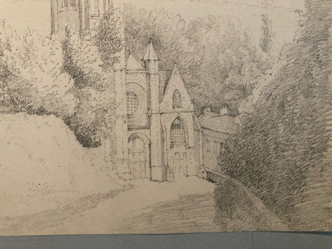 Drawing Dessin XIXe 1850 crayon Paysage Eglise De Saint Valery Art Ancien Old