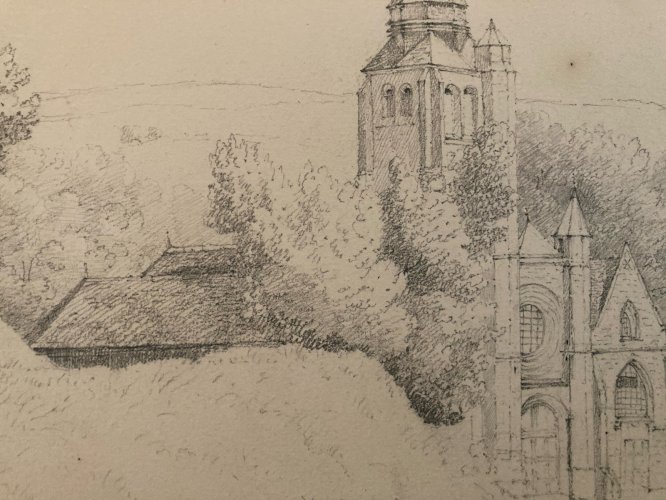 Drawing Dessin XIXe 1850 crayon Paysage Eglise De Saint Valery Art Ancien Old