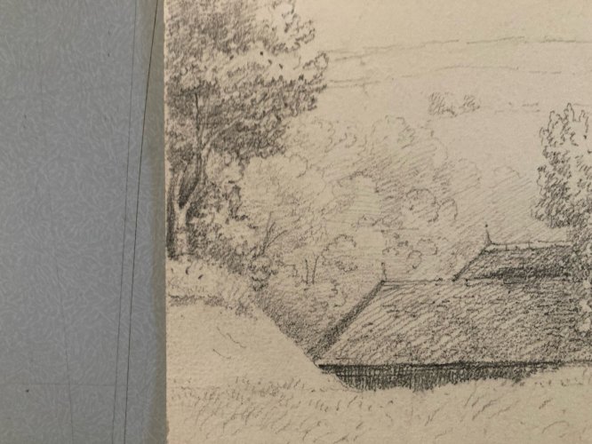 Drawing Dessin XIXe 1850 crayon Paysage Eglise De Saint Valery Art Ancien Old