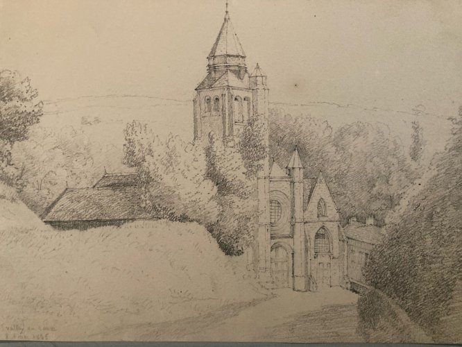 Drawing Dessin XIXe 1850 crayon Paysage Eglise De Saint Valery Art Ancien Old