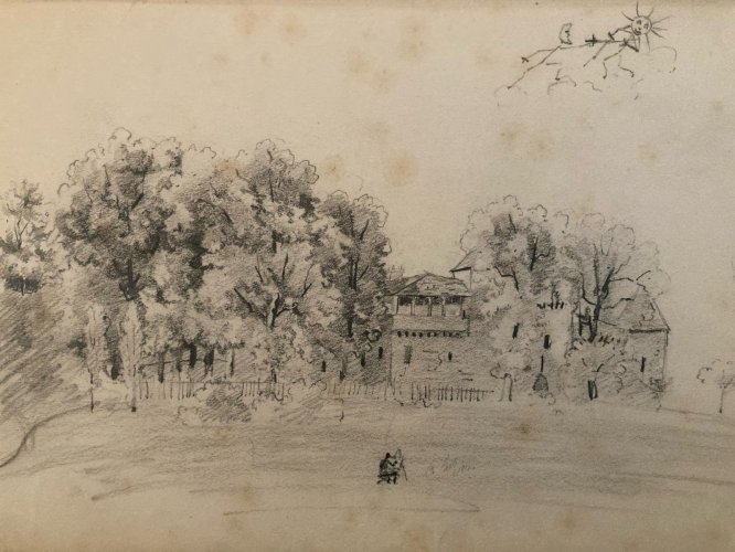 Drawing Dessin XIXe 1850 crayon Paysage Etude Arbre Ancien Auto Portrait ? Art