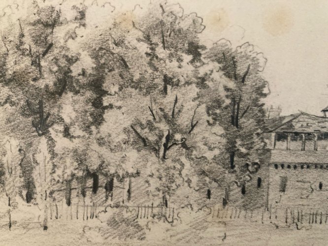 Drawing Dessin XIXe 1850 crayon Paysage Etude Arbre Ancien Auto Portrait ? Art
