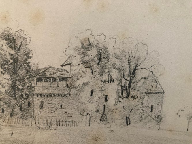 Drawing Dessin XIXe 1850 crayon Paysage Etude Arbre Ancien Auto Portrait ? Art