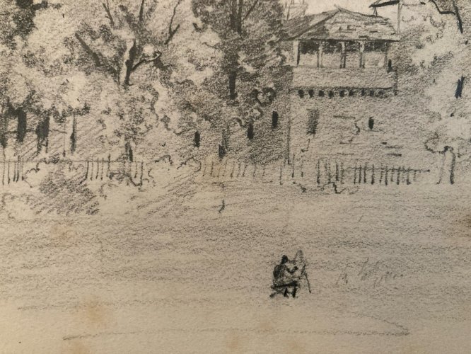 Drawing Dessin XIXe 1850 crayon Paysage Etude Arbre Ancien Auto Portrait ? Art