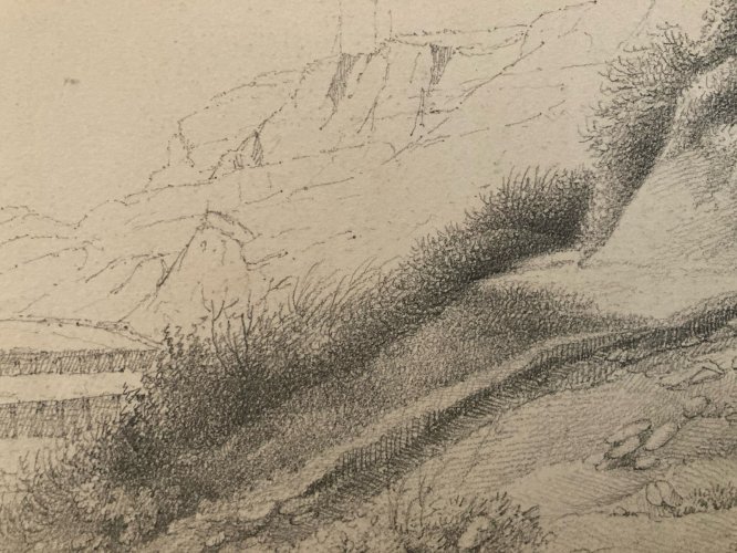 Drawing Dessin XIXe 1850 crayon Paysage Plage Bretagne Mer Ocean Art Ancien Old