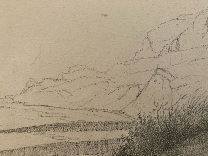 Drawing Dessin XIXe 1850 crayon Paysage Plage Bretagne Mer Ocean Art Ancien Old