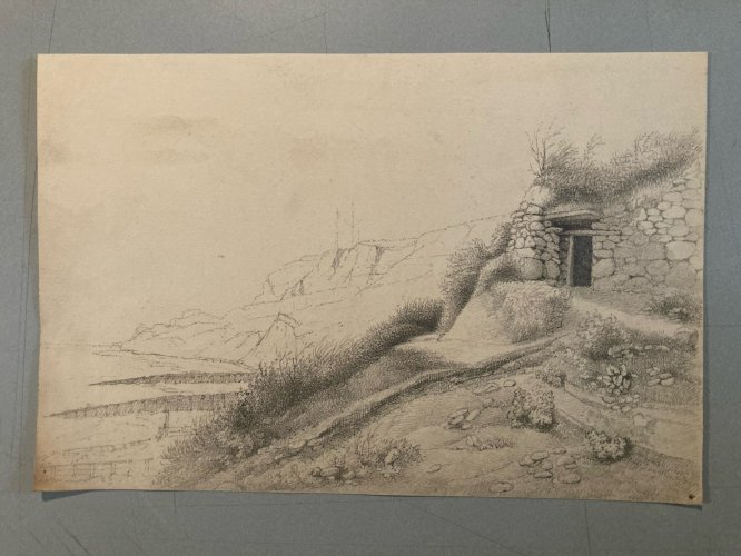 Drawing Dessin XIXe 1850 crayon Paysage Plage Bretagne Mer Ocean Art Ancien Old
