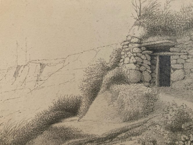 Drawing Dessin XIXe 1850 crayon Paysage Plage Bretagne Mer Ocean Art Ancien Old