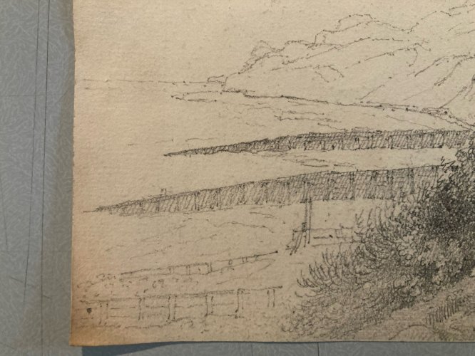 Drawing Dessin XIXe 1850 crayon Paysage Plage Bretagne Mer Ocean Art Ancien Old