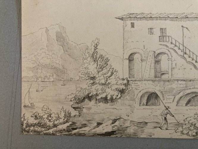 Drawing Dessin XIXe 1850 Encre A Identifier Paysage Lac De Come ? Italie Ancien