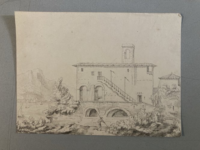 Drawing Dessin XIXe 1850 Encre A Identifier Paysage Lac De Come ? Italie Ancien