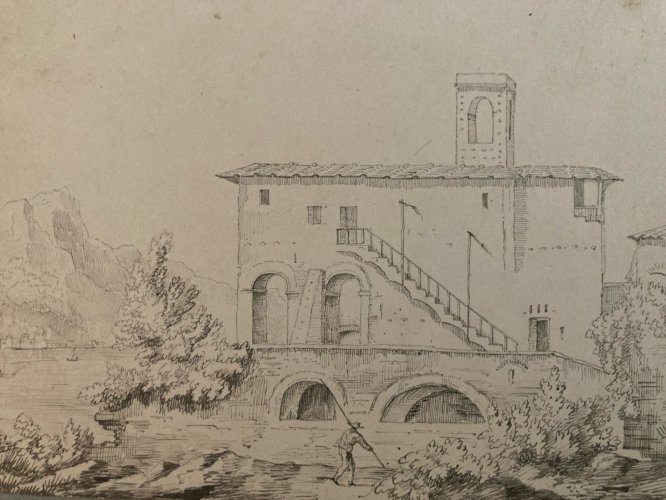 Drawing Dessin XIXe 1850 Encre A Identifier Paysage Lac De Come ? Italie Ancien
