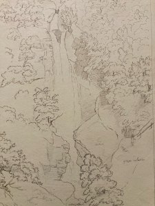 Drawing XIXth 1850 Ink Cascade Of Chede Nature Ancient Switzerland Waterfall