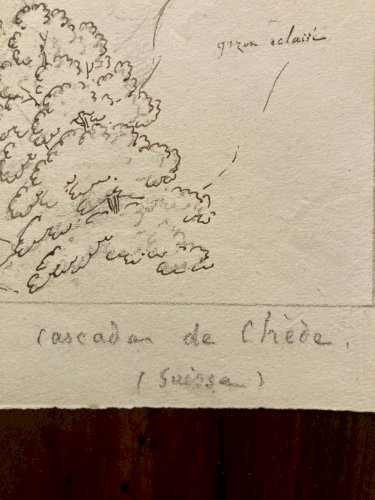 Drawing Dessin XIXe 1850 Encre Cascade De Chede Nature Ancien Suisse Chute Eau