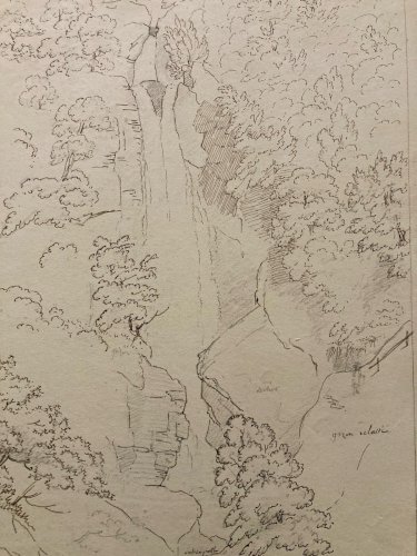 Drawing Dessin XIXe 1850 Encre Cascade De Chede Nature Ancien Suisse Chute Eau