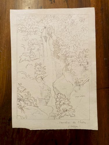 Drawing Dessin XIXe 1850 Encre Cascade De Chede Nature Ancien Suisse Chute Eau