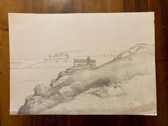 Drawing Dessin XIXe 1850 Encre François-René de Chateaubriand Tombe Art Mausolé