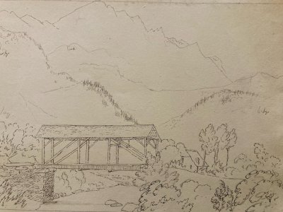 Drawing XIX 1850 Ink Bridge River Nature Old Cauterets Pyrenees