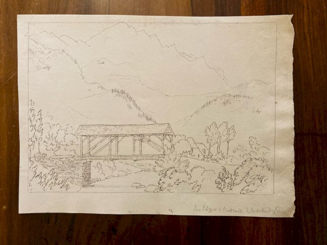 Drawing Dessin XIXe 1850 Encre Pont Riviere Nature Ancien Cauterets Pyrénées Old
