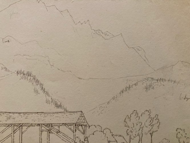 Drawing Dessin XIXe 1850 Encre Pont Riviere Nature Ancien Cauterets Pyrénées Old