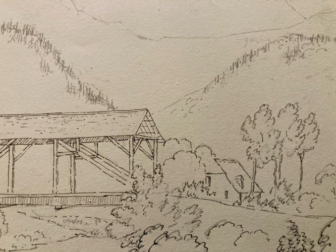 Drawing Dessin XIXe 1850 Encre Pont Riviere Nature Ancien Cauterets Pyrénées Old