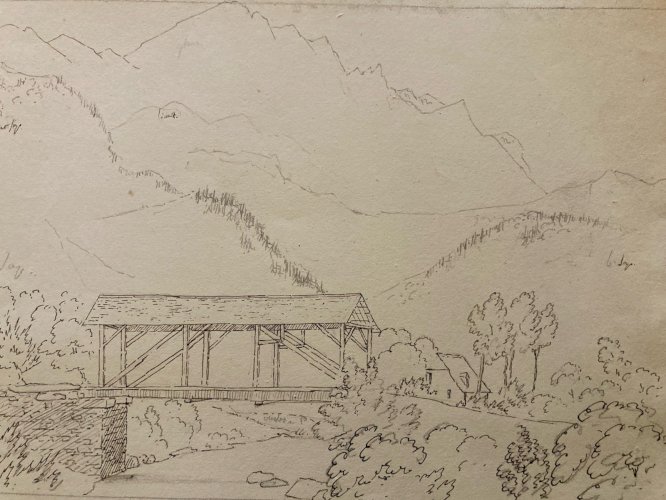 Drawing Dessin XIXe 1850 Encre Pont Riviere Nature Ancien Cauterets Pyrénées Old