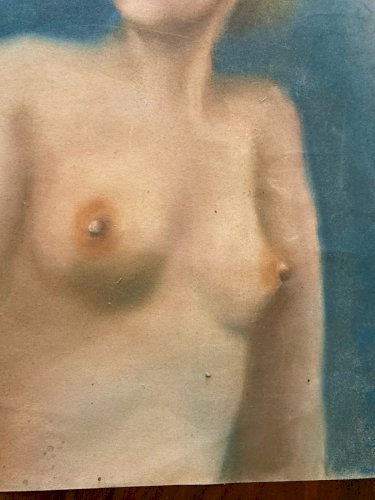 Drawing Pastel grand portrait femme Jeune Buste Ancien 1920 Original Atelier Old