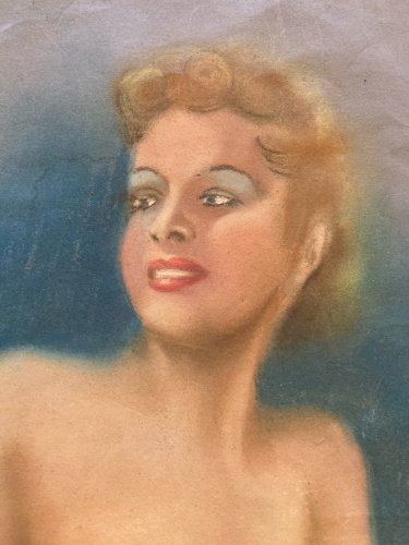 Drawing Pastel grand portrait femme Jeune Buste Ancien 1920 Original Atelier Old