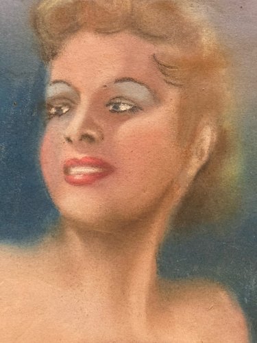 Drawing Pastel grand portrait femme Jeune Buste Ancien 1920 Original Atelier Old