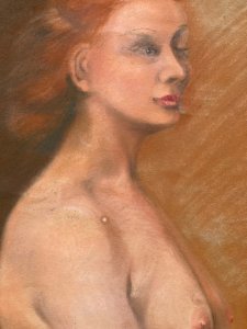 Drawing Pastel large portrait young woman Redhead Ancient Art 1920 Original Old