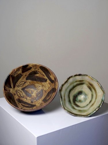 Duo de bols en céramique/grès artisanaux "Wabi-Sabi" dépareillés vintages