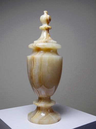 Duo de cassolette/urne et vase baluste miniature en onyx miel vintage années 60