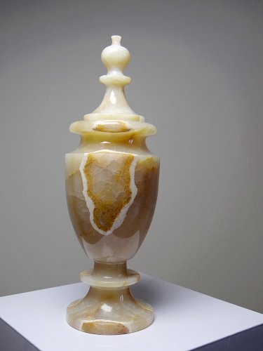 Duo de cassolette/urne et vase baluste miniature en onyx miel vintage années 60