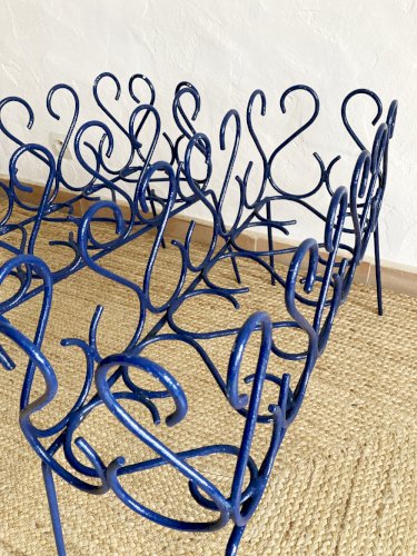 Duo de jardinières en fer forgé peint en bleu, années 1960