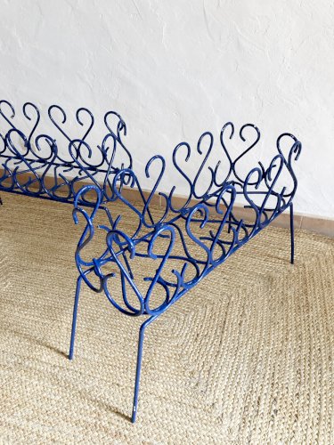Duo de jardinières en fer forgé peint en bleu, années 1960