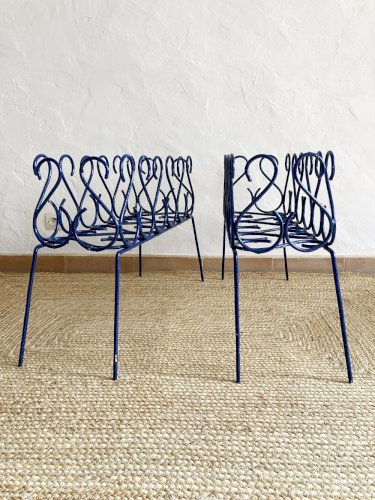 Duo de jardinières en fer forgé peint en bleu, années 1960