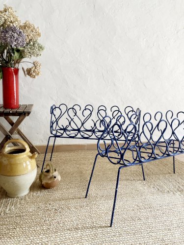 Duo de jardinières en fer forgé peint en bleu, années 1960