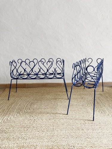 Duo de jardinières en fer forgé peint en bleu, années 1960