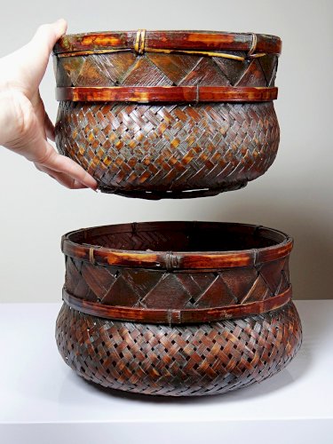 Duo de panières en bambou tressé Japonaises artisanales gigognes vintages