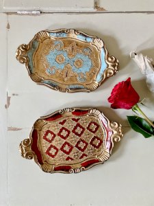Duo of painted wooden Florentine trays