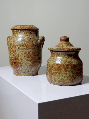 Duo de pots en grès pyrité artisanal, vintages style Baudat La Borne