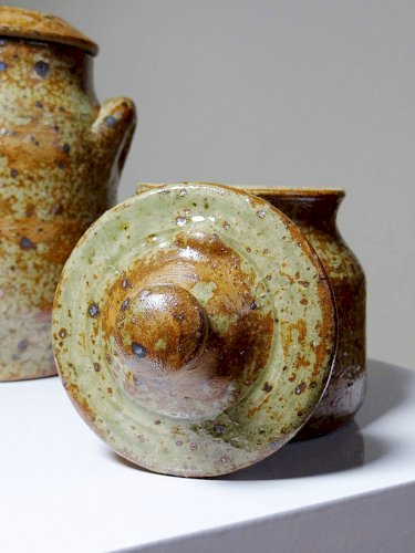 Duo de pots en grès pyrité artisanal, vintages style Baudat La Borne