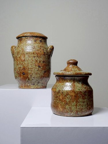 Duo de pots en grès pyrité artisanal, vintages style Baudat La Borne