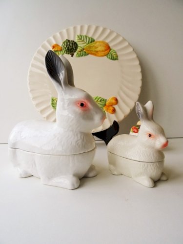 Duo de Terrines Lapin Blanc identique, Grand et Moyen signé Michel Caugant