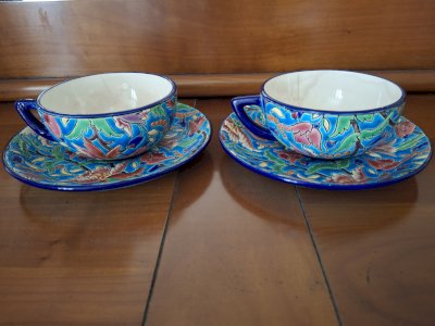 Duo of teacups and saucers in Longwy enamels (cups with crackle)
